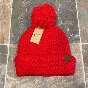 C.C Vibrant Red Knit Pom Pom Hat